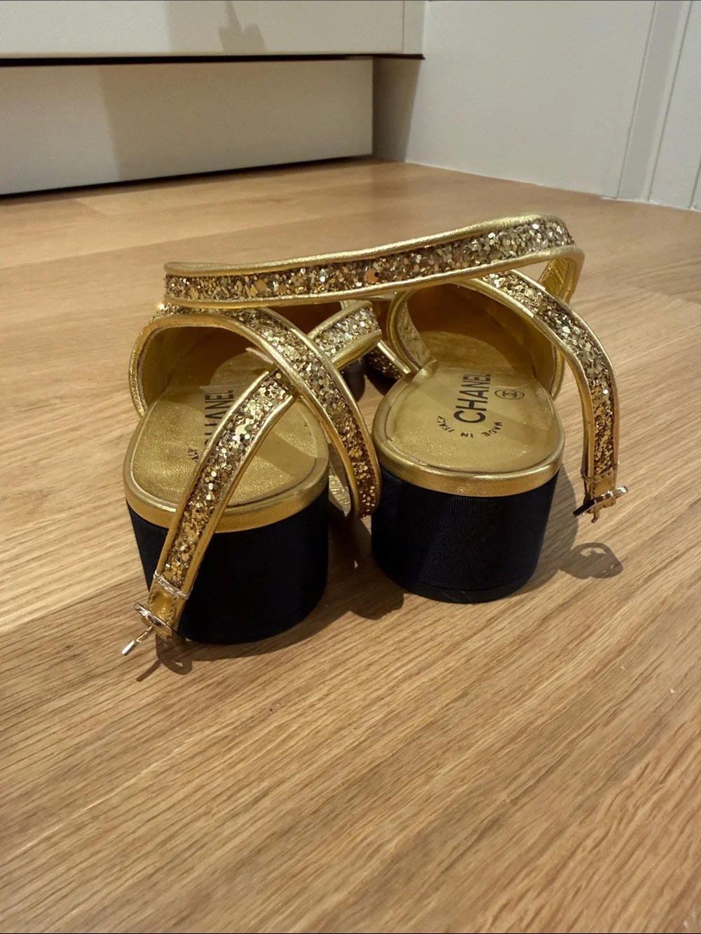CHANEL Gold Glitter Slingback Mules with Black Cap Toe